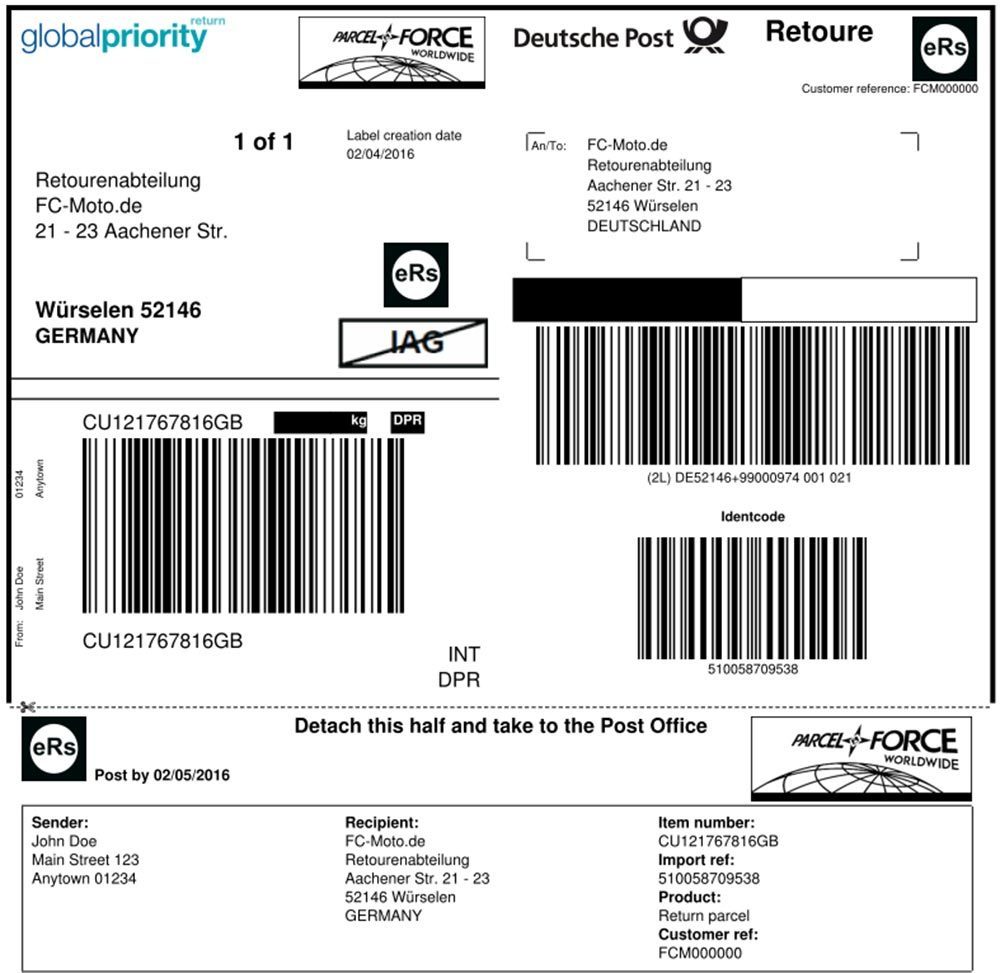 DHL Return Label EU meilleurs prix FCMoto