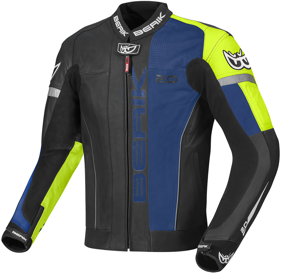 Image of Berik Asymatic Veste de moto en cuir Noir Bleu Jaune 48