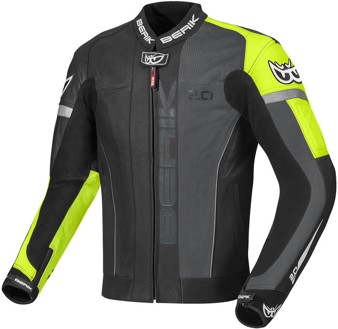 Image of Berik Asymatic Veste de moto en cuir Noir Gris Jaune 48