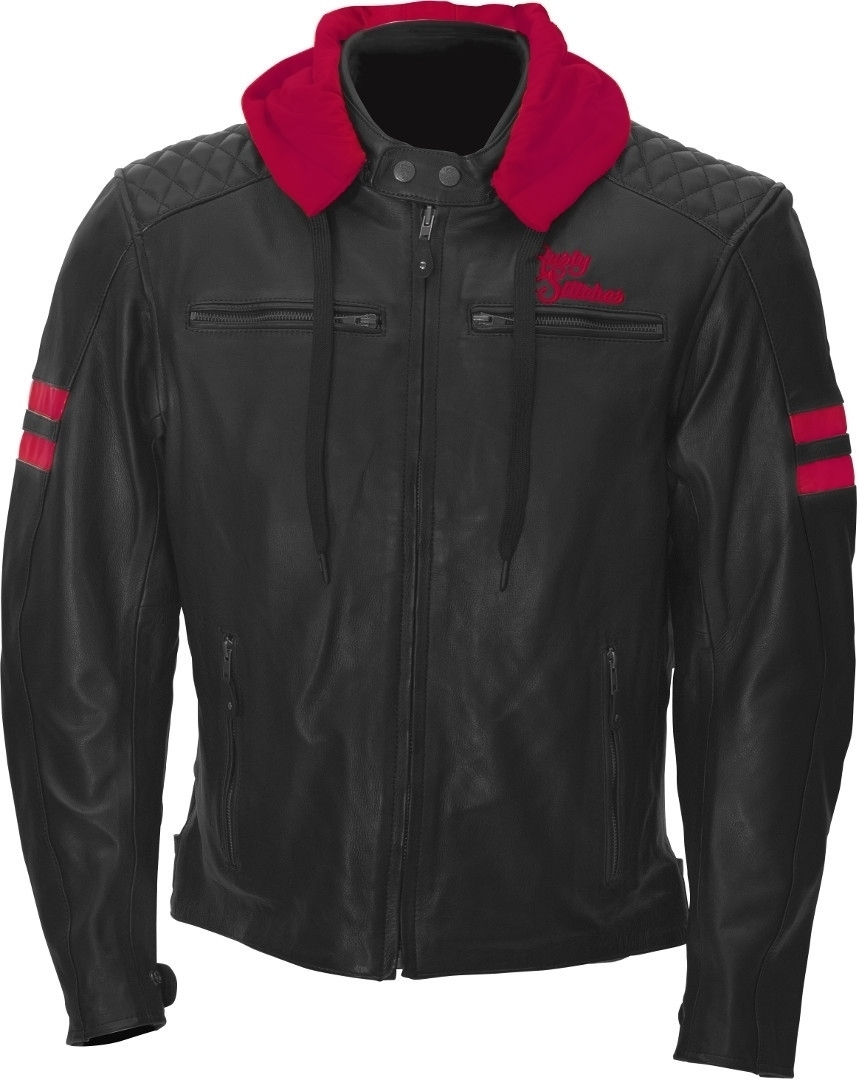 Image of Rusty Stitches Jari Hooded Veste de moto en cuir Noir Rouge 4XL