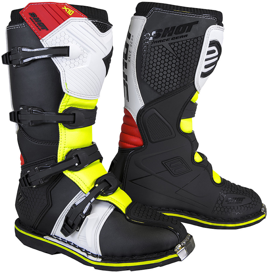 Shot X10 2.0 Black Neon Bottes Motocross Noir Blanc Rouge Jaune 45