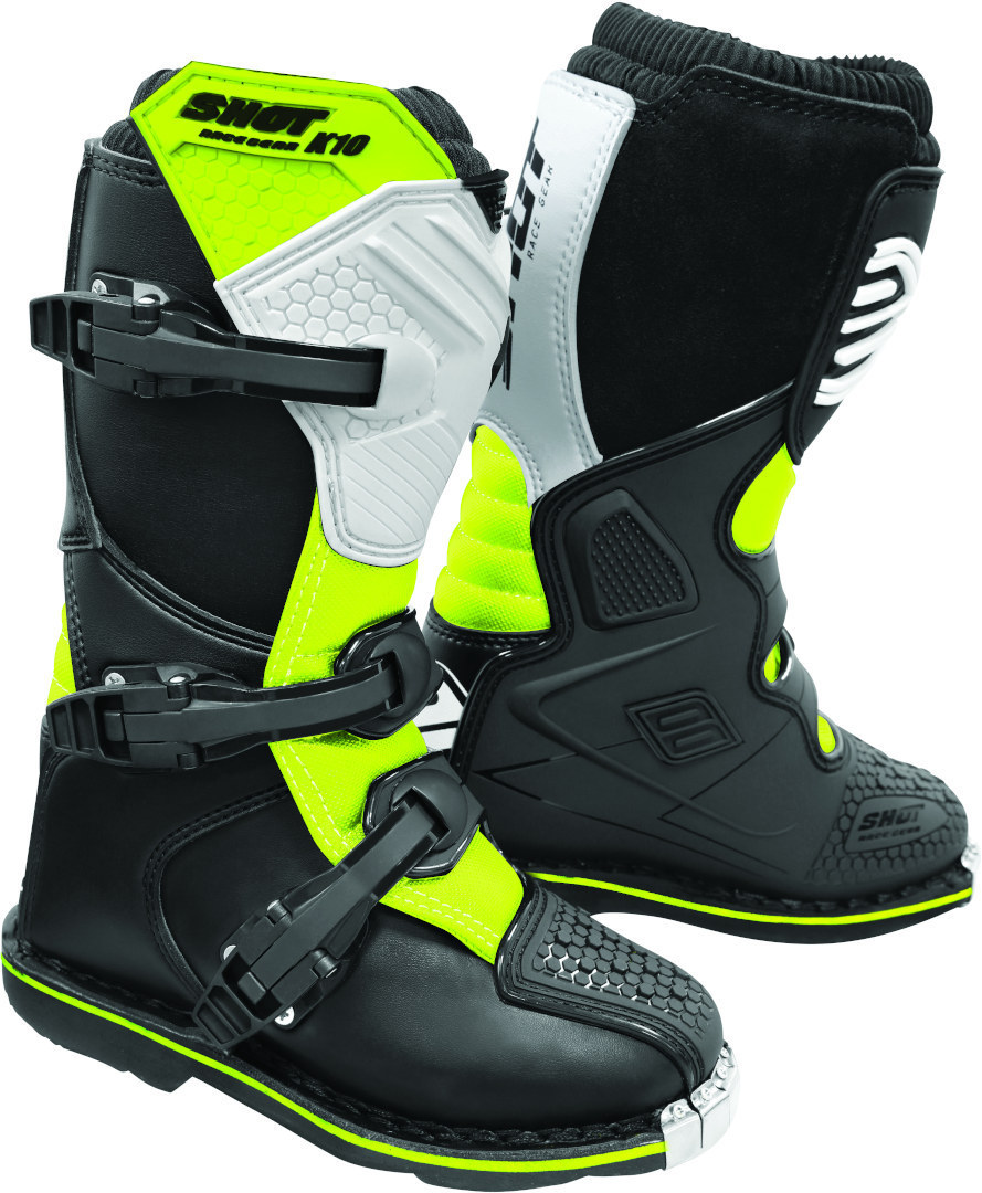 Shot K10 Black 2.0 Bottes de motocross pour enfants Noir Blanc Jaune 37