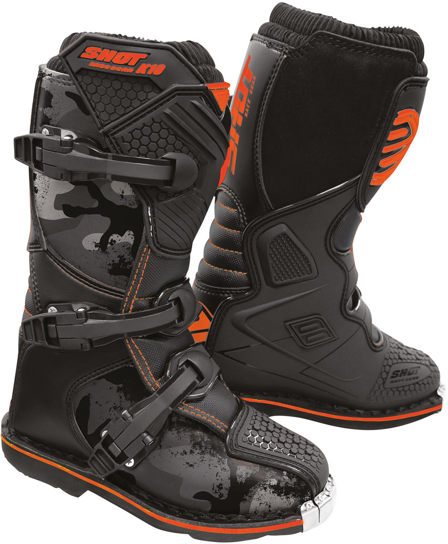 Shot K10 Black 2.0 Bottes de motocross pour enfants Noir Orange 30