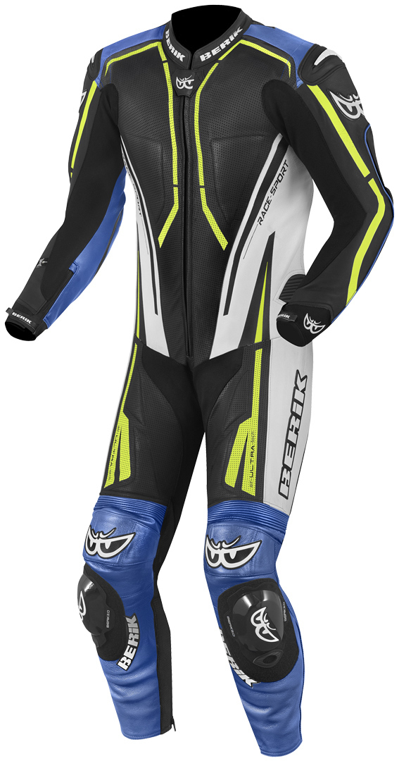 Berik Adria-X Combinaison en cuir de moto one Piece Noir Blanc Bleu Jaune 48