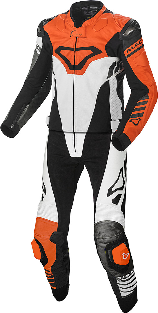 Macna Tracktix Combinaison en cuir de moto perforée de deux pièces Noir Blanc Orange 46