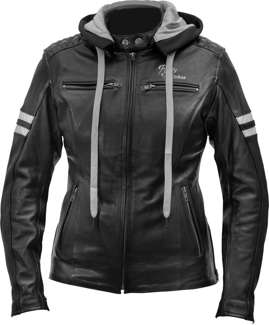 Image of Rusty Stitches Joyce Hooded Veste en cuir de moto pour dames Noir Blanc 36