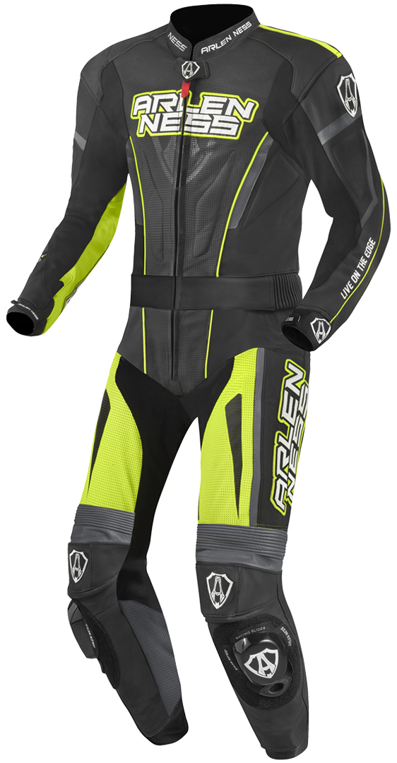 Image of Arlen Ness Edge Costume en cuir de moto deux pièces Noir Gris Jaune 48