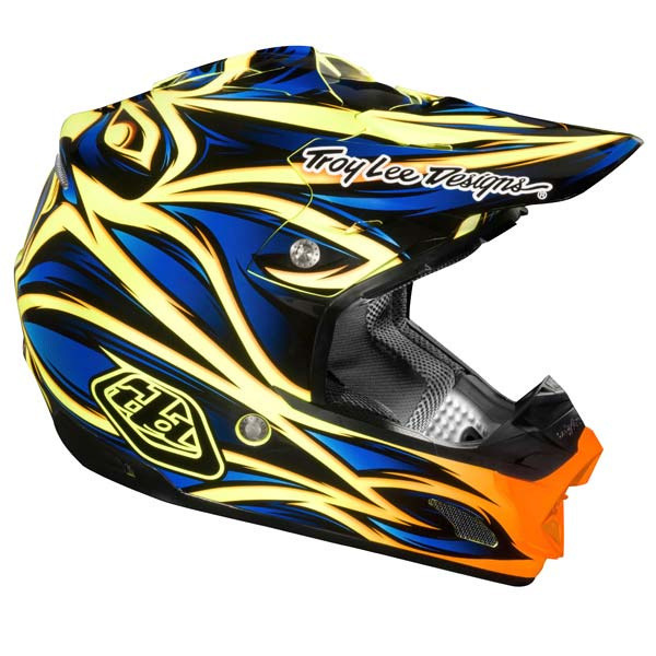 Troy Lee Designs SE3 ECE Beast Blue/Yellow 摩托車交叉頭盔。
