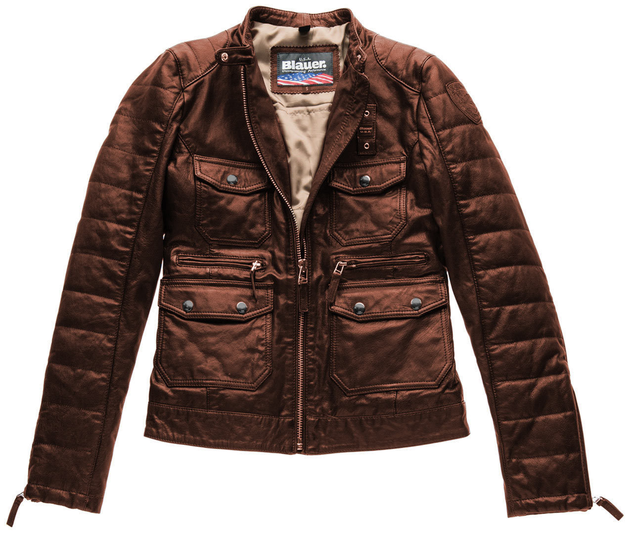 Blauer USA Rider Pocket Padded Ladies Leather Jacket, brown, Size M for Women, brown, Size M for Women