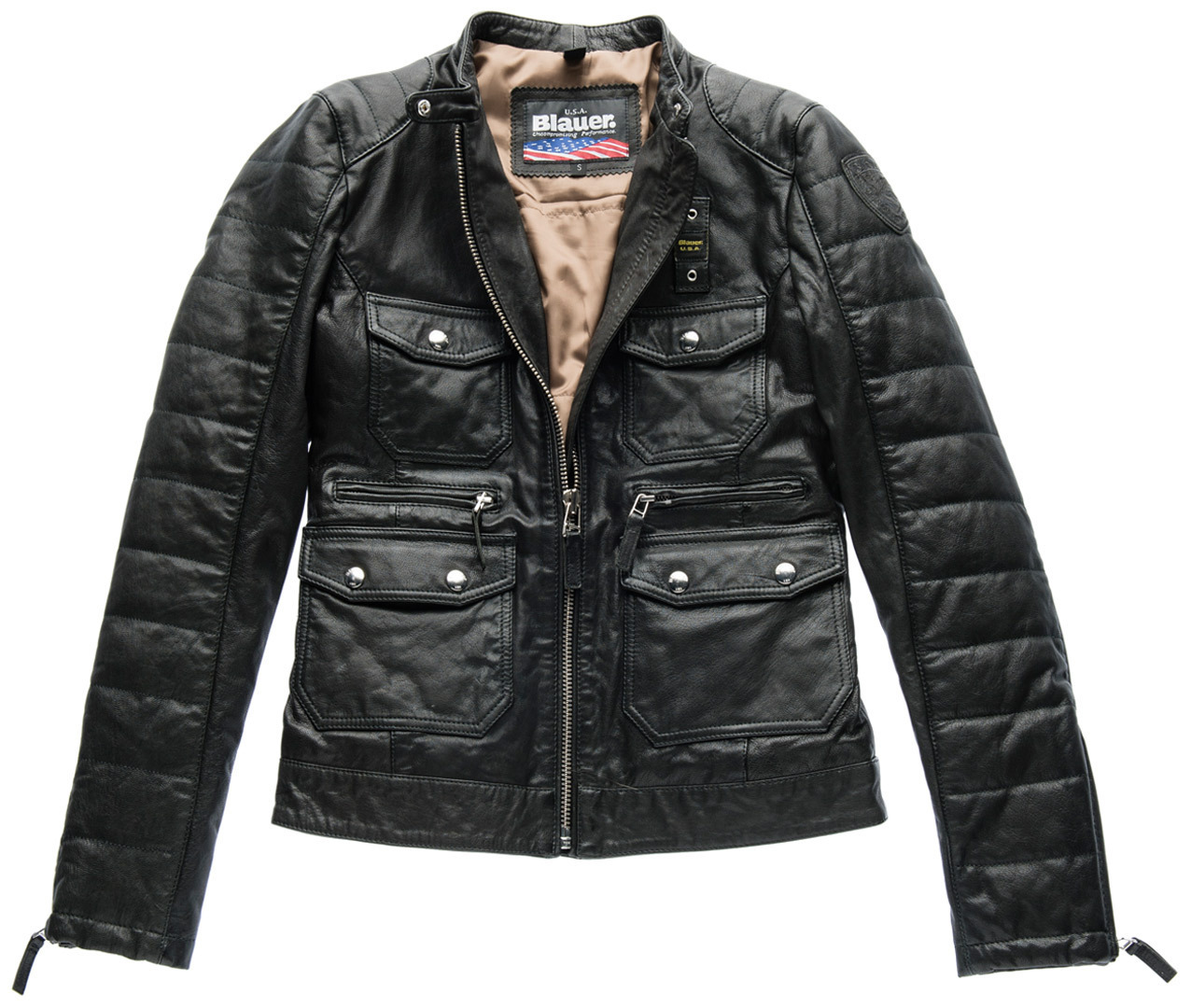 Blauer USA Rider Pocket Padded Ladies Leather Jacket, black, Size L for Women, black, Size L for Women