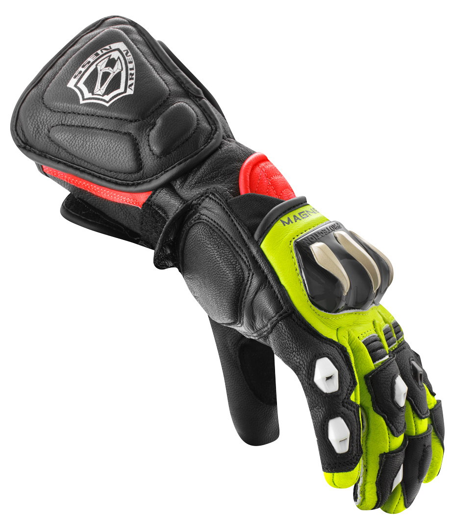 Side view of Arlen Ness Sugello Motorcycle Gloves, black-red-yellow, Size XS for Men