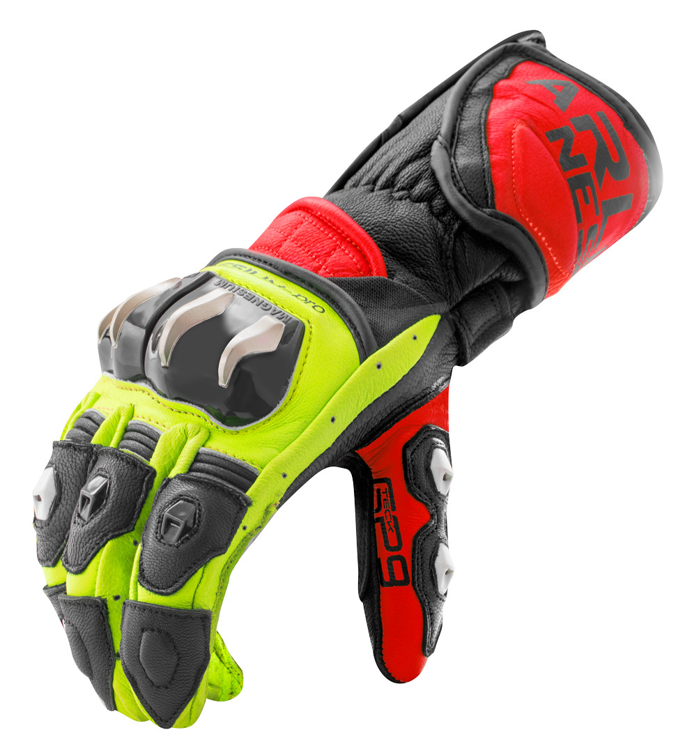 Side view of Arlen Ness Sugello Motorcycle Gloves, black-red-yellow, Size XS for Men
