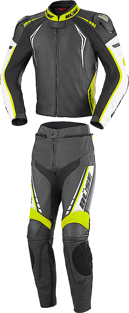 Image of Büse Silverstone Pro Tuta in pelle moto a due pezzi, nero-bianco-giallo, dimensione 48