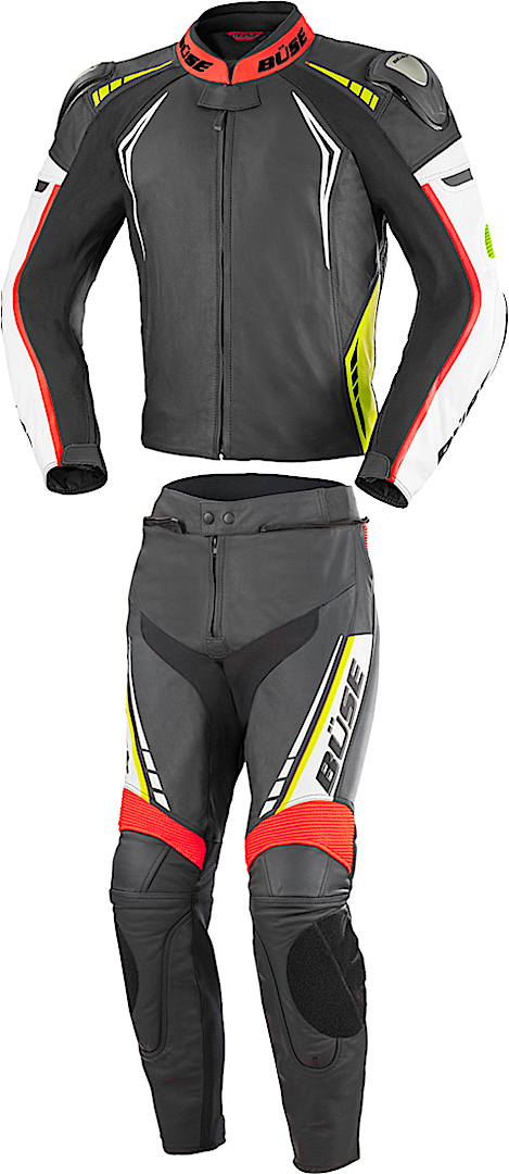 Image of Büse Silverstone Pro Tuta in pelle moto a due pezzi, nero-bianco-rosso-giallo, dimensione 56