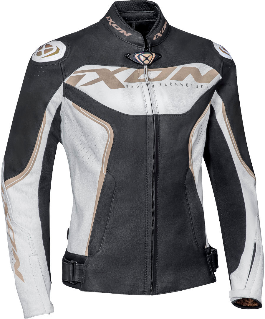 Ixon Trinity Ladies Motorcycle Leather Jacket, black-white-gold, Size XS for Women, black-white-gold, Size XS for Women