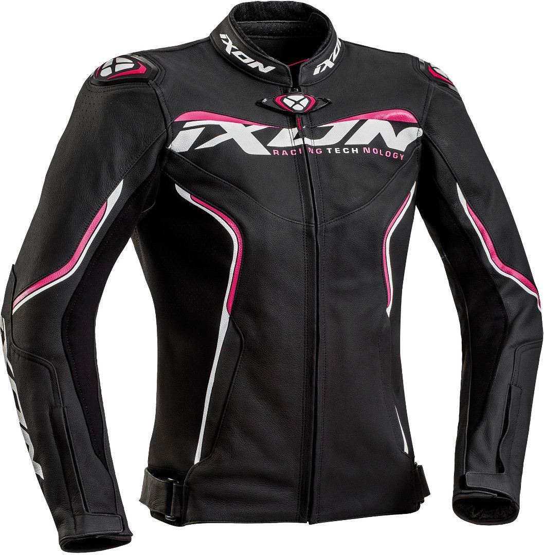 Ixon Trinity Ladies Motorcycle Leather Jacket, black-white-pink, Size XS for Women, black-white-pink, Size XS for Women