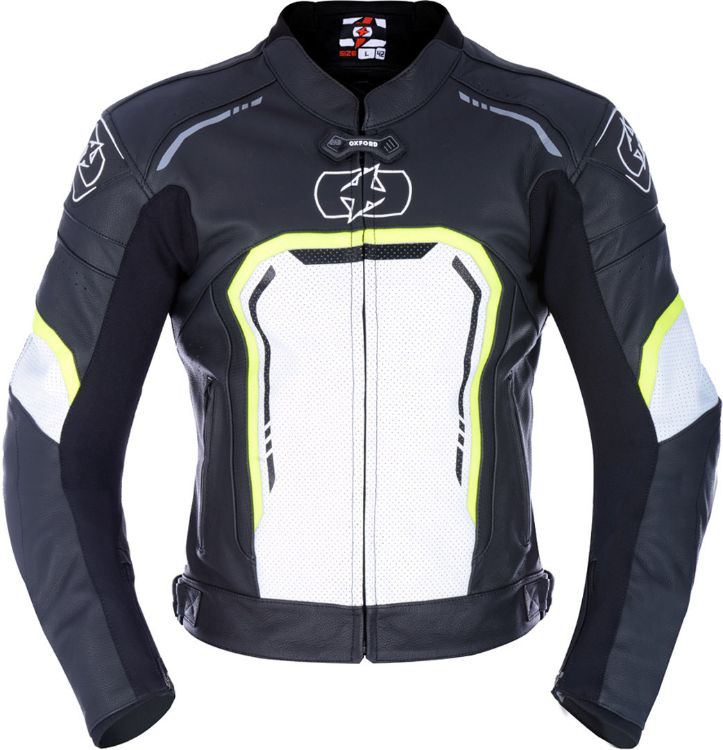Oxford Strada Motorcycle Leather Jacket, black-white, Size M, black-white, Size M