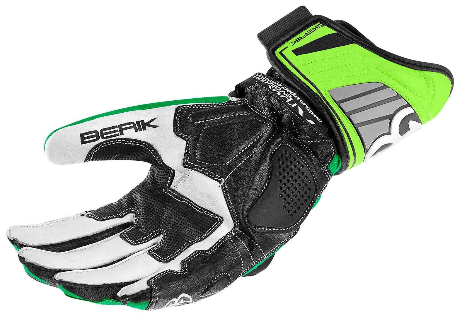 Side view of Berik Track Motorcycle Gloves, black-white-green, Size 3XL for Men