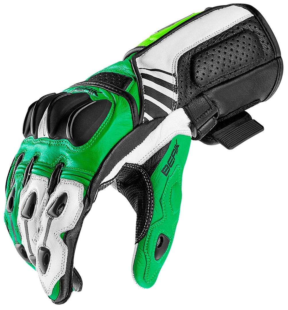 Side view of Berik Track Motorcycle Gloves, black-white-green, Size 3XL for Men