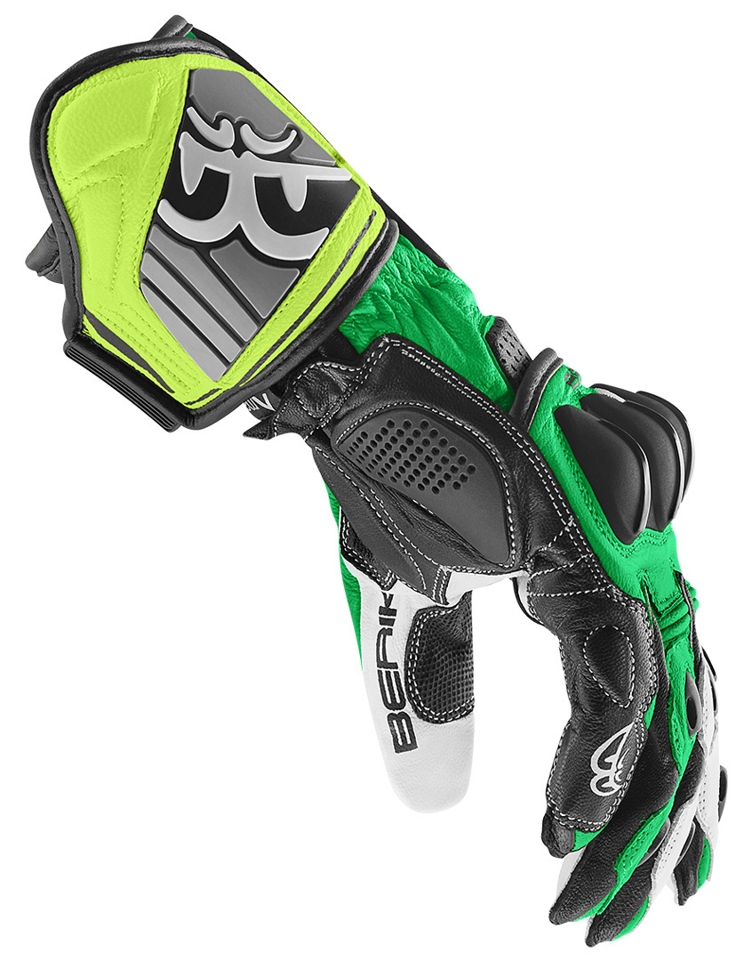 Side view of Berik Track Motorcycle Gloves, black-white-green, Size 3XL for Men