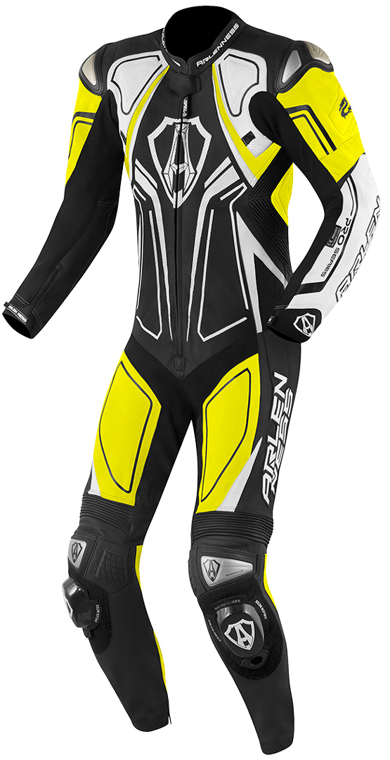 Arlen Ness Conquest Een stuk motorfiets lederen pak, zwart-wit-geel, afmeting 50