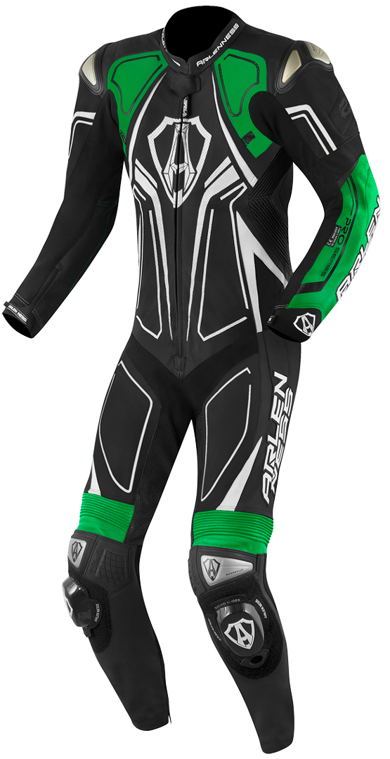 Arlen Ness Conquest Een stuk motorfiets lederen pak, zwart-groen, afmeting 54