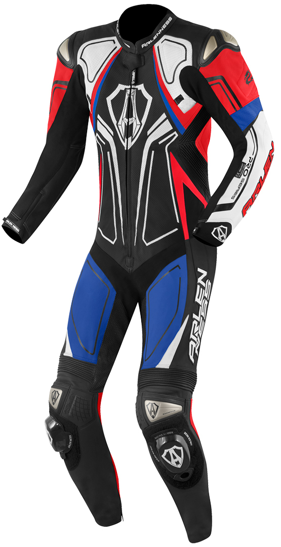 Arlen Ness Conquest Een stuk motorfiets lederen pak, zwart-wit-rood-blauw, afmeting 54