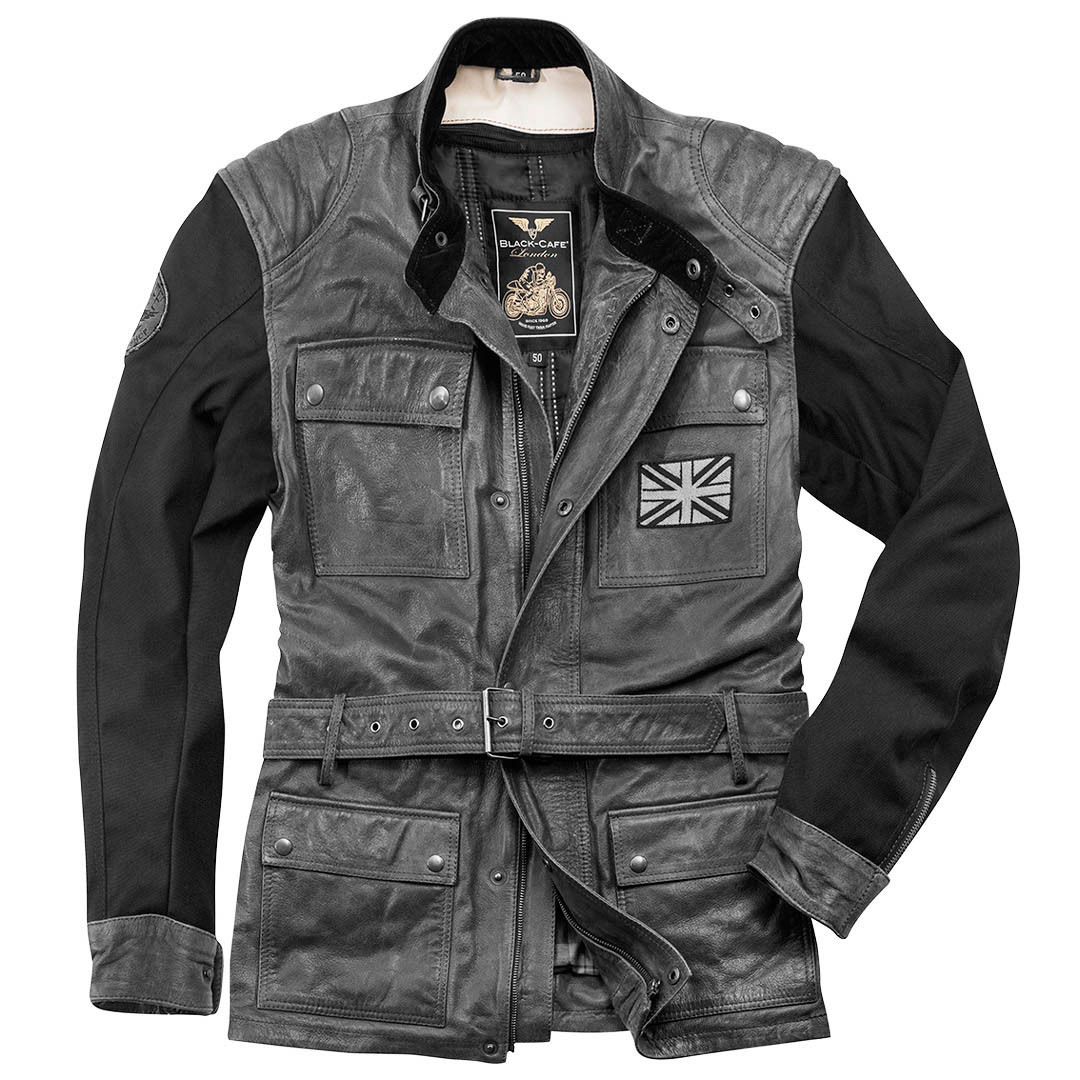 Black-Cafe London Retro Motorrad Lederjacke, grau, Größe 60, grau, Größe 60