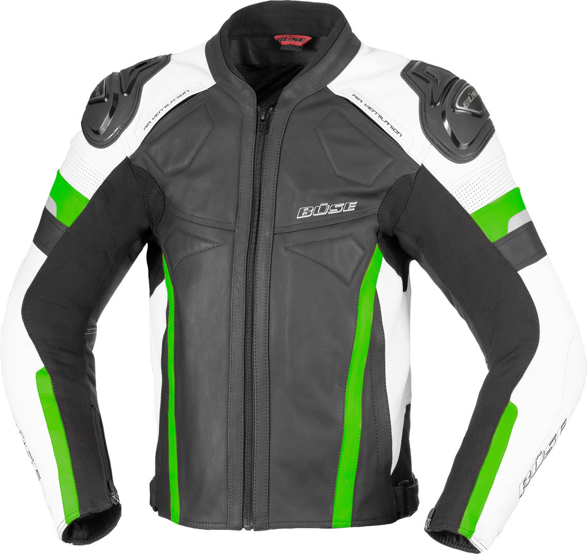 Büse Monza Motorcycle Leather Jacket, black-white-green, Size 48, black-white-green, Size 48