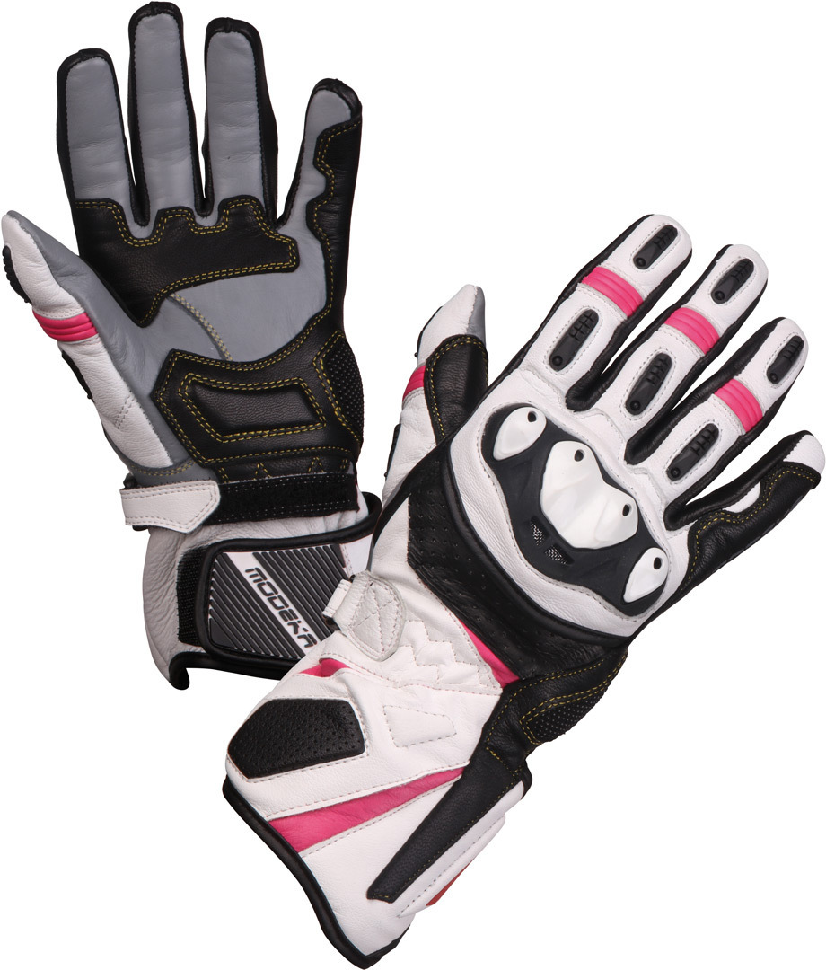 Modeka Cay Ladies Motorcycle Gloves, black-white-pink, Size M for Women, black-white-pink, Size M for Women