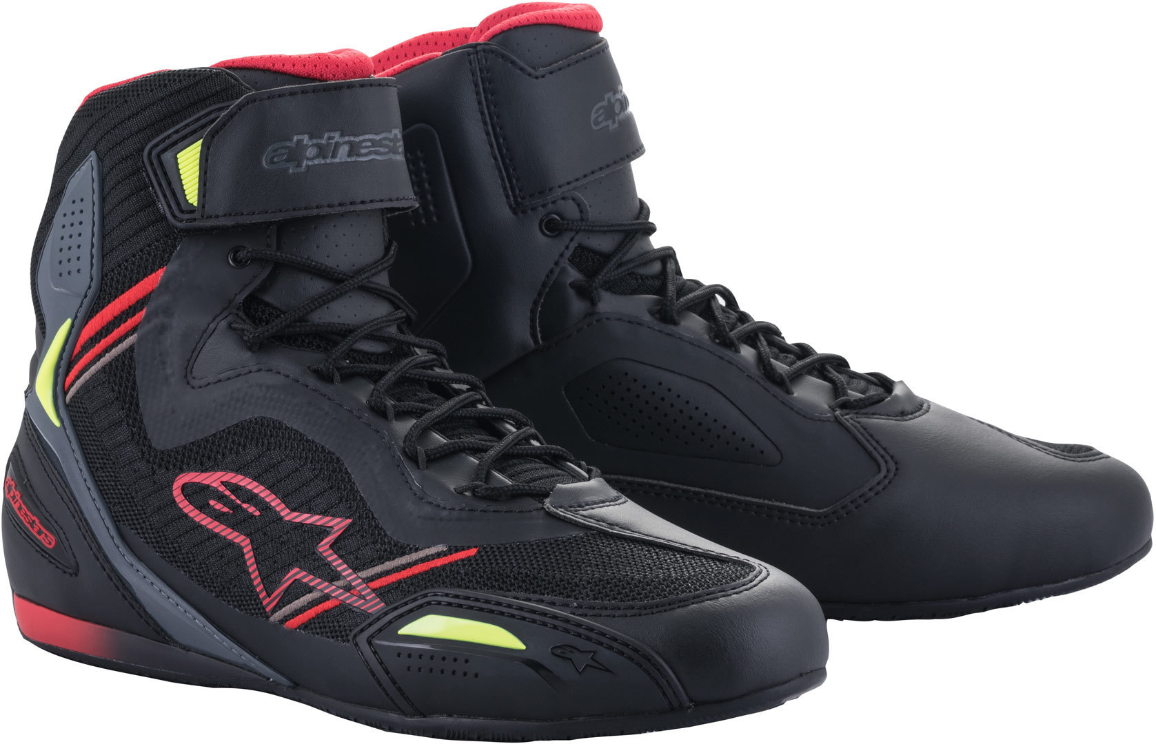 Alpinestars Faster 3 Rideknit De Schoenen van de motorfiets, zwart-rood-geel, afmeting 43 44