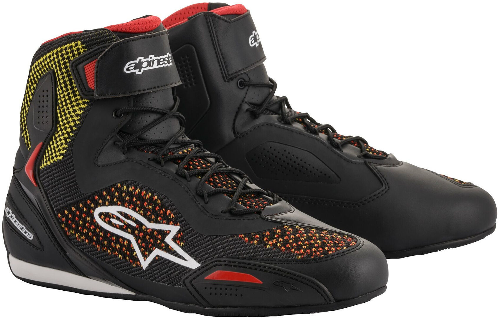 Alpinestars Faster 3 Rideknit Motorradschuhe, schwarz-rot-gelb, Größe 47 48, schwarz-rot-gelb, Größe 47 48