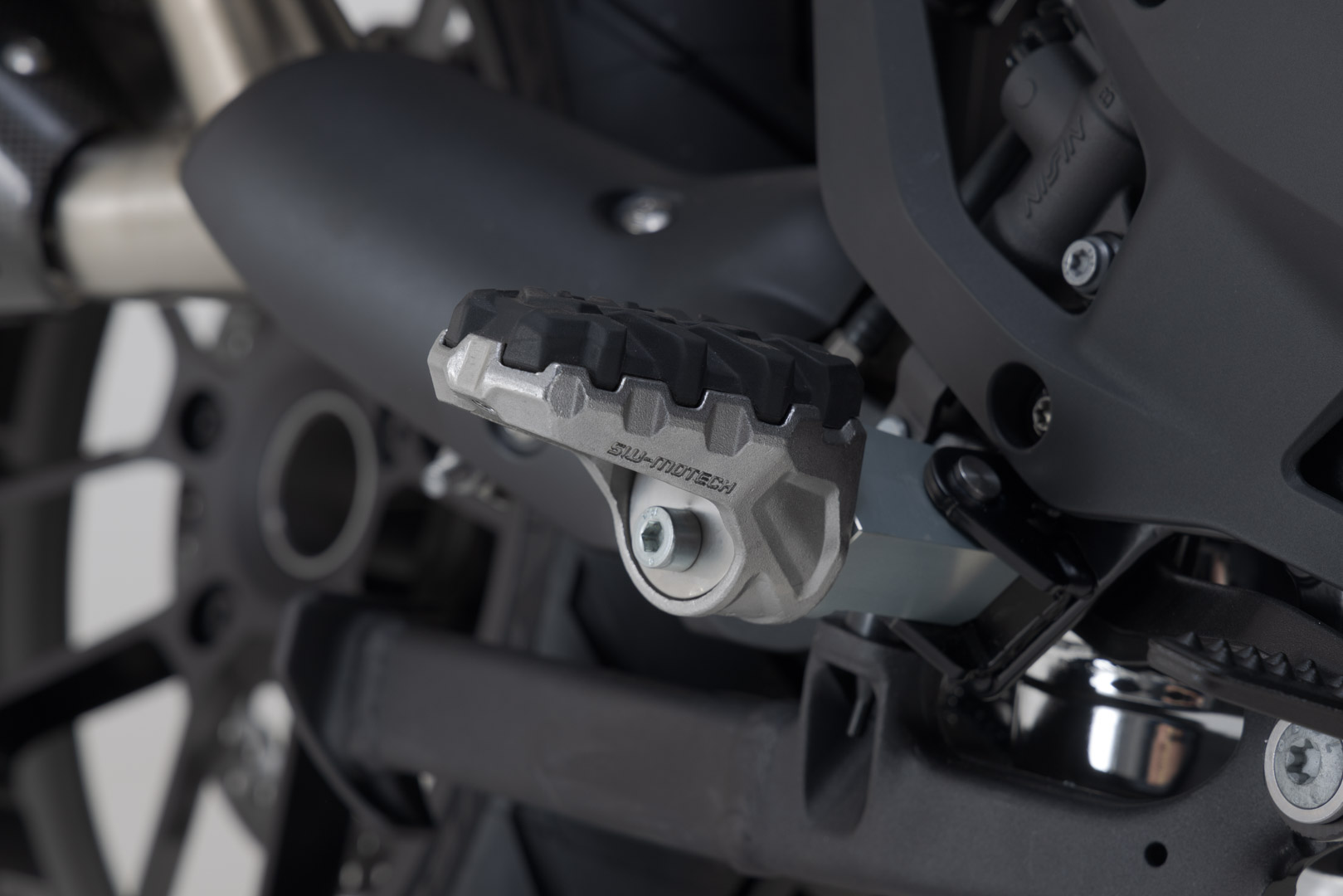Side view of SW-Motech EVO footrest kit - BMW R 1200 GS, R 1250 GS, R 1300 GS., black-silver