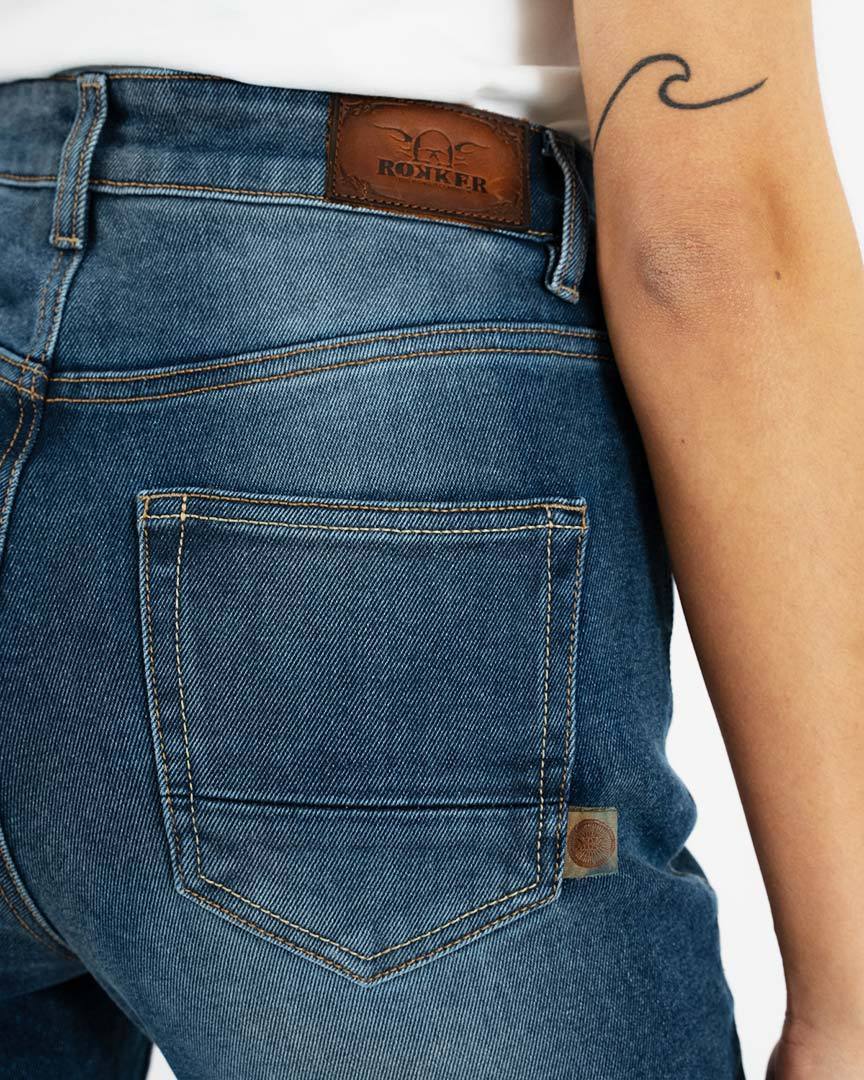Side view of Rokker Rokkertech High Waist Ladies Motorcycle Jeans, blue, Size 26 for Women
