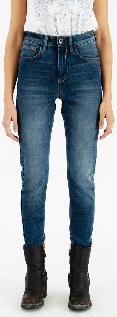 Side view of Rokker Rokkertech High Waist Ladies Motorcycle Jeans, blue, Size 26 for Women