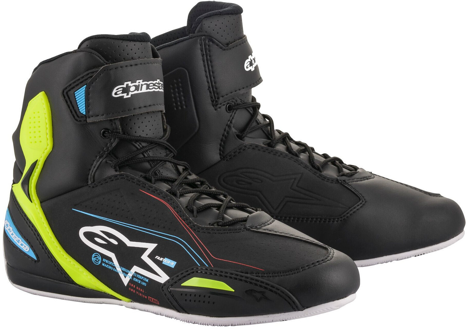 Alpinestars Faster-3 Motorradschuhe, schwarz-blau-gelb, Größe 47 48, schwarz-blau-gelb, Größe 47 48