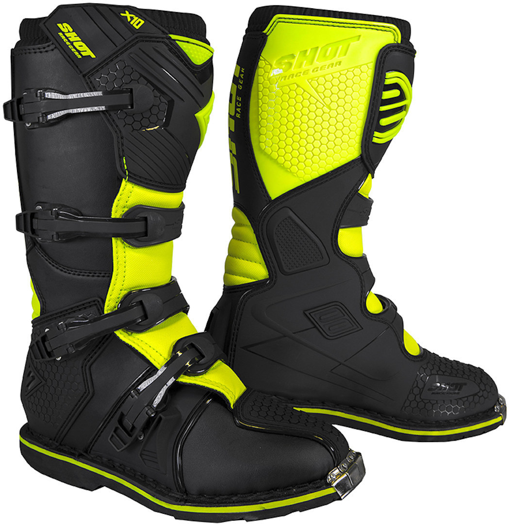 Shot X10 2.0 Black Motocross Boots, black-yellow, Size 46, black-yellow, Size 46