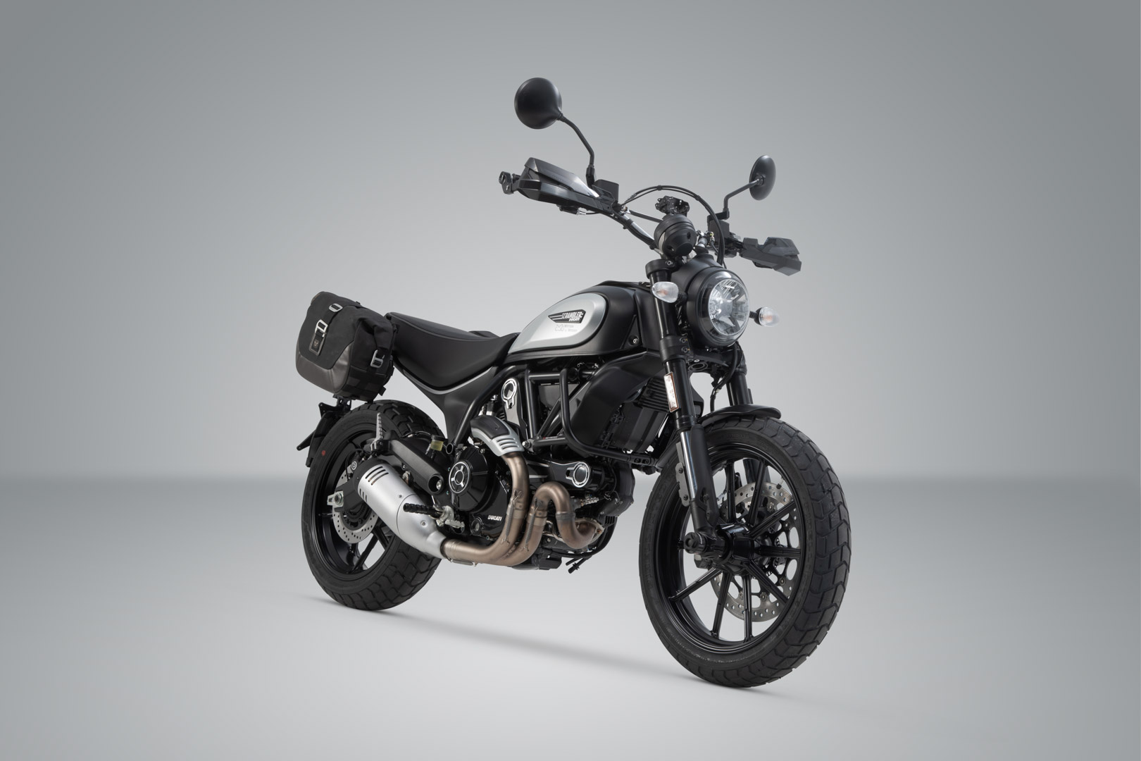 Side view of SW-Motech Legend Gear side bag system LC Black edition - Ducati Scrambler models (18-).
