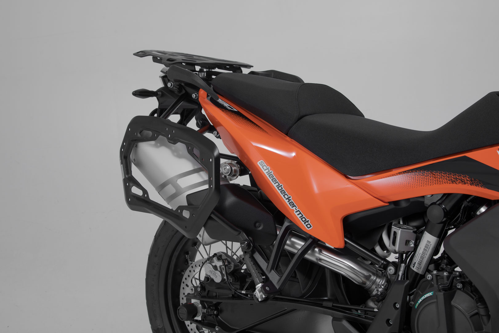 Side view of SW-Motech PRO side carrier - Black. KTM 790 Adv/ R, 890 Adv/ R 890 SM T.