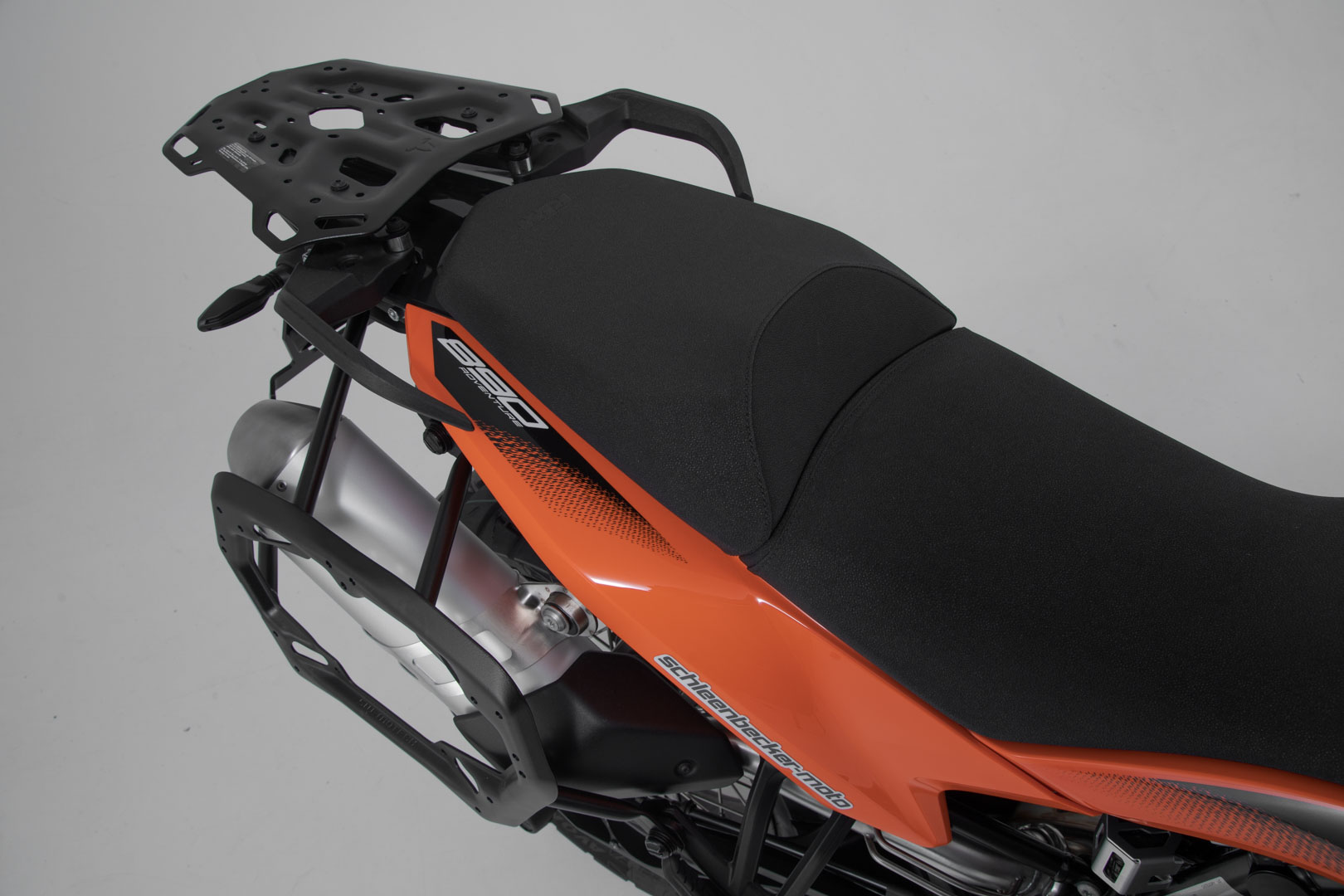 Side view of SW-Motech PRO side carrier - Black. KTM 790 Adv/ R, 890 Adv/ R 890 SM T.