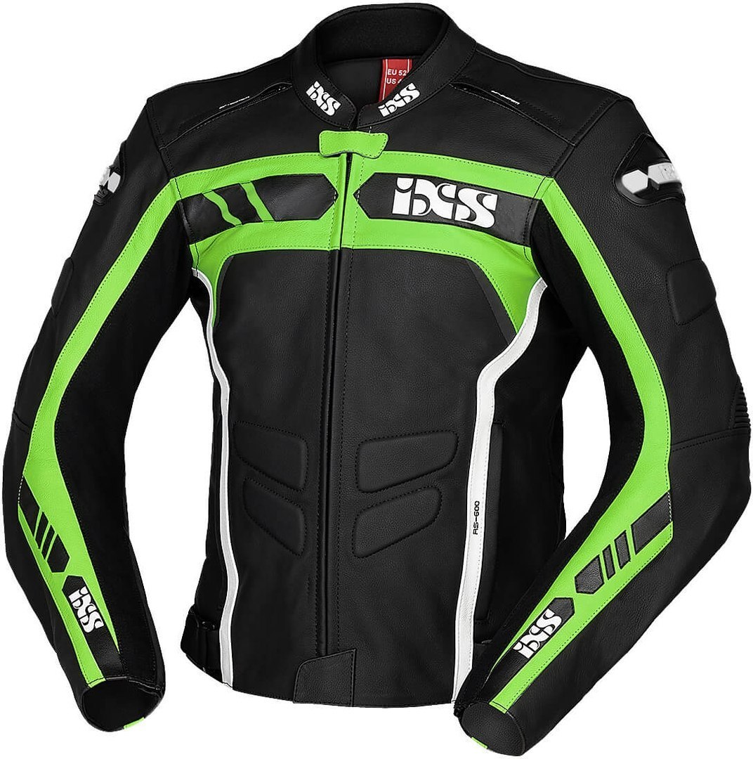 IXS Sport RS-600 1.0 Motorcycle Leather Jacket, black-white-green, Size 48, black-white-green, Size 48