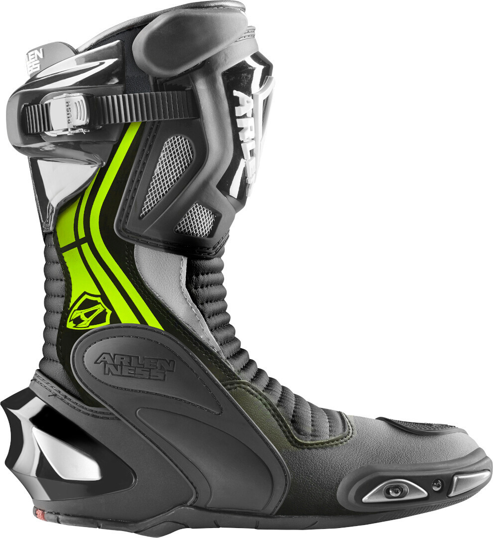 Side view of Arlen Ness Pro Shift 2 Motorcycle Boots, black-yellow, Size 40 for Women