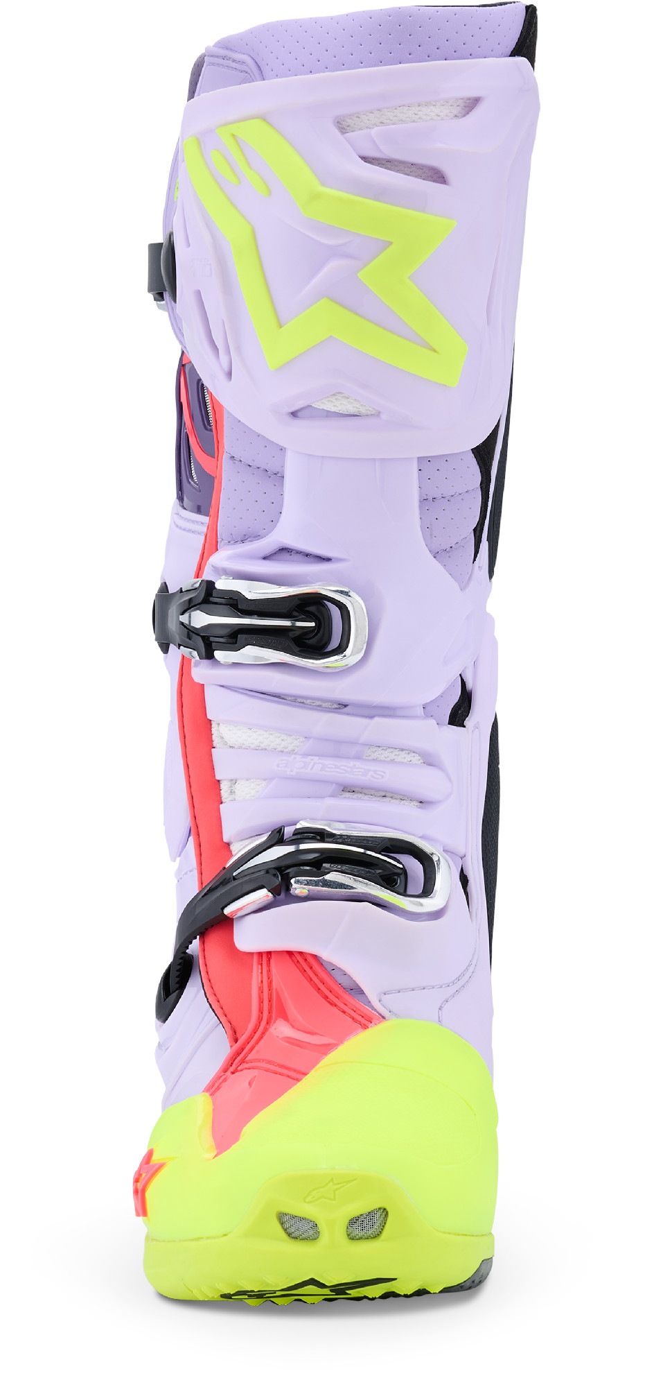 Side view of Alpinestars Tech 10 Supervented Motocross Boots, pink-purple-yellow, Size 42 for Men