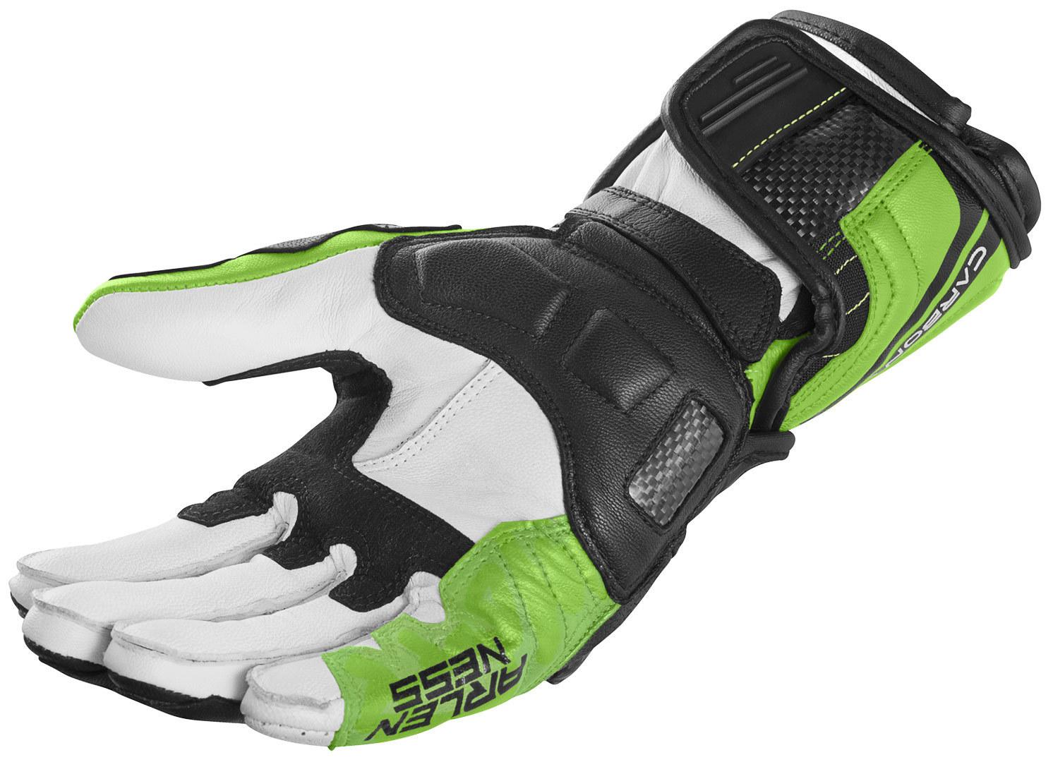 Side view of Arlen Ness RG-X Motorcycle Gloves, black-white-green, Size S for Men