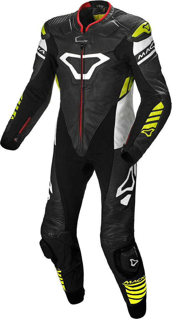 Macna Tracktix One Piece perforated Motorcycle Leather Suit, black-white-yellow, Size 46, black-white-yellow, Size 46