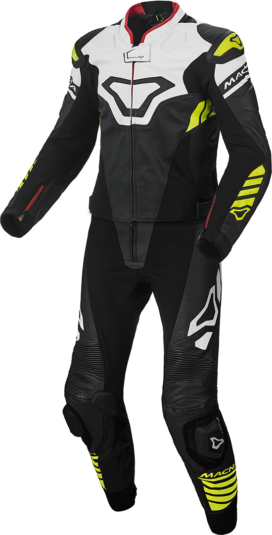 Macna Tracktix Two Piece Perforated Motorcycle Leather Suit, black-white-yellow, Size 46, black-white-yellow, Size 46