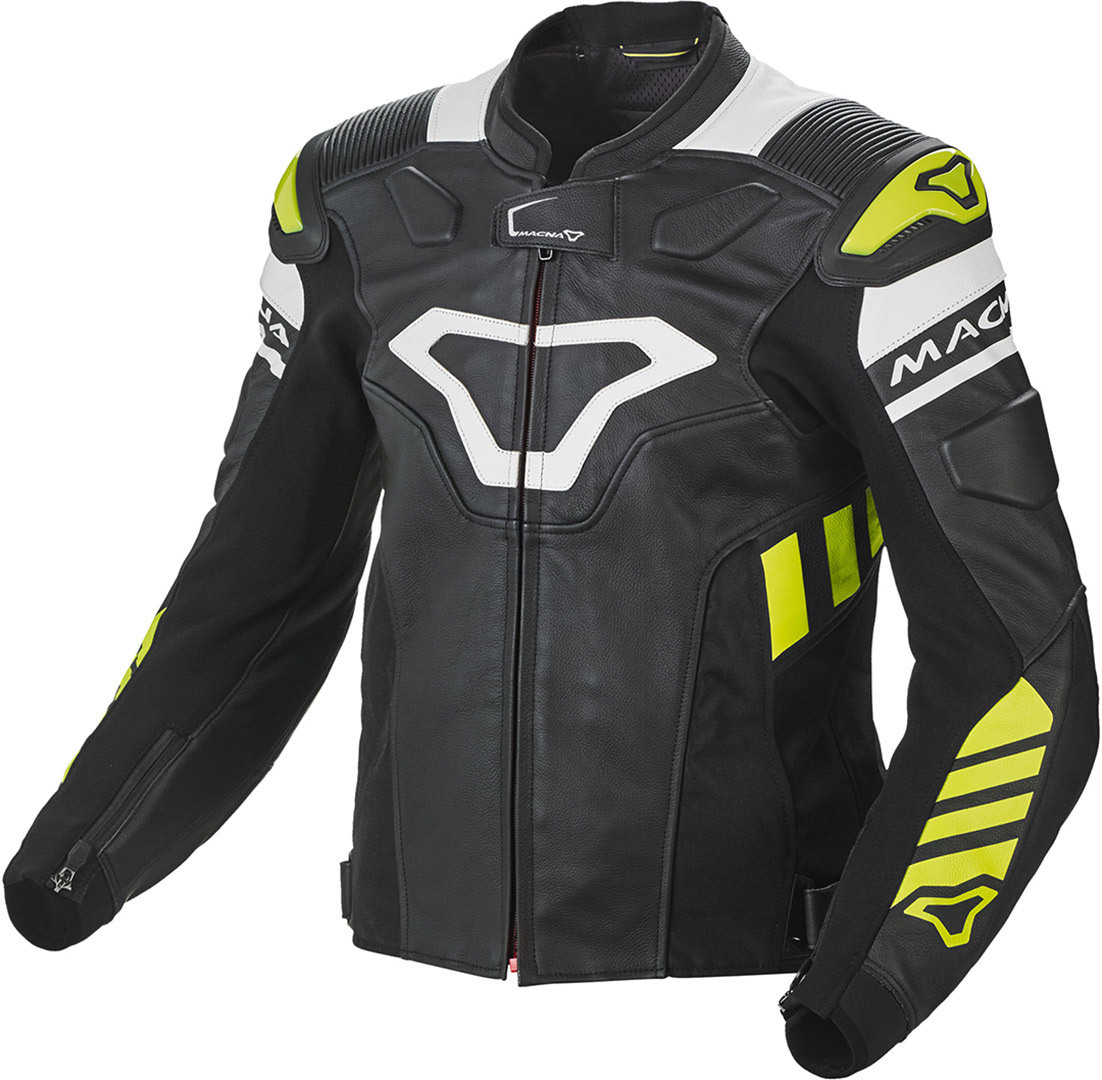 Macna Tracktix Motorcycle Leather Jacket, black-white-yellow, Size 46, black-white-yellow, Size 46