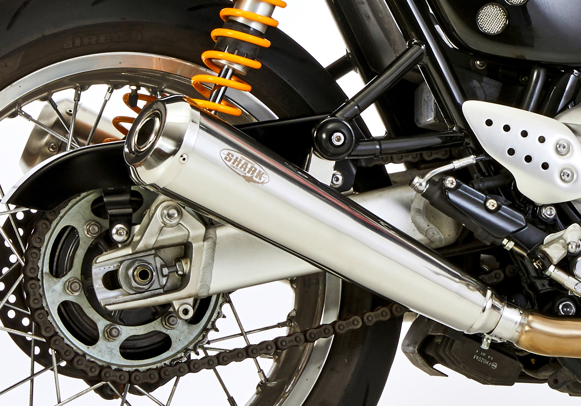 SHARK EXHAUST Retro with cat high gloss polished stainless steel silver, silver