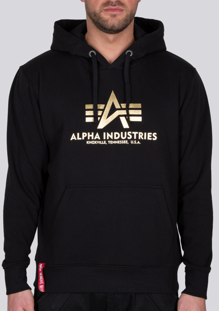 Alpha Industries Basic Foil Print Hoodie, svart-guld, storlek L