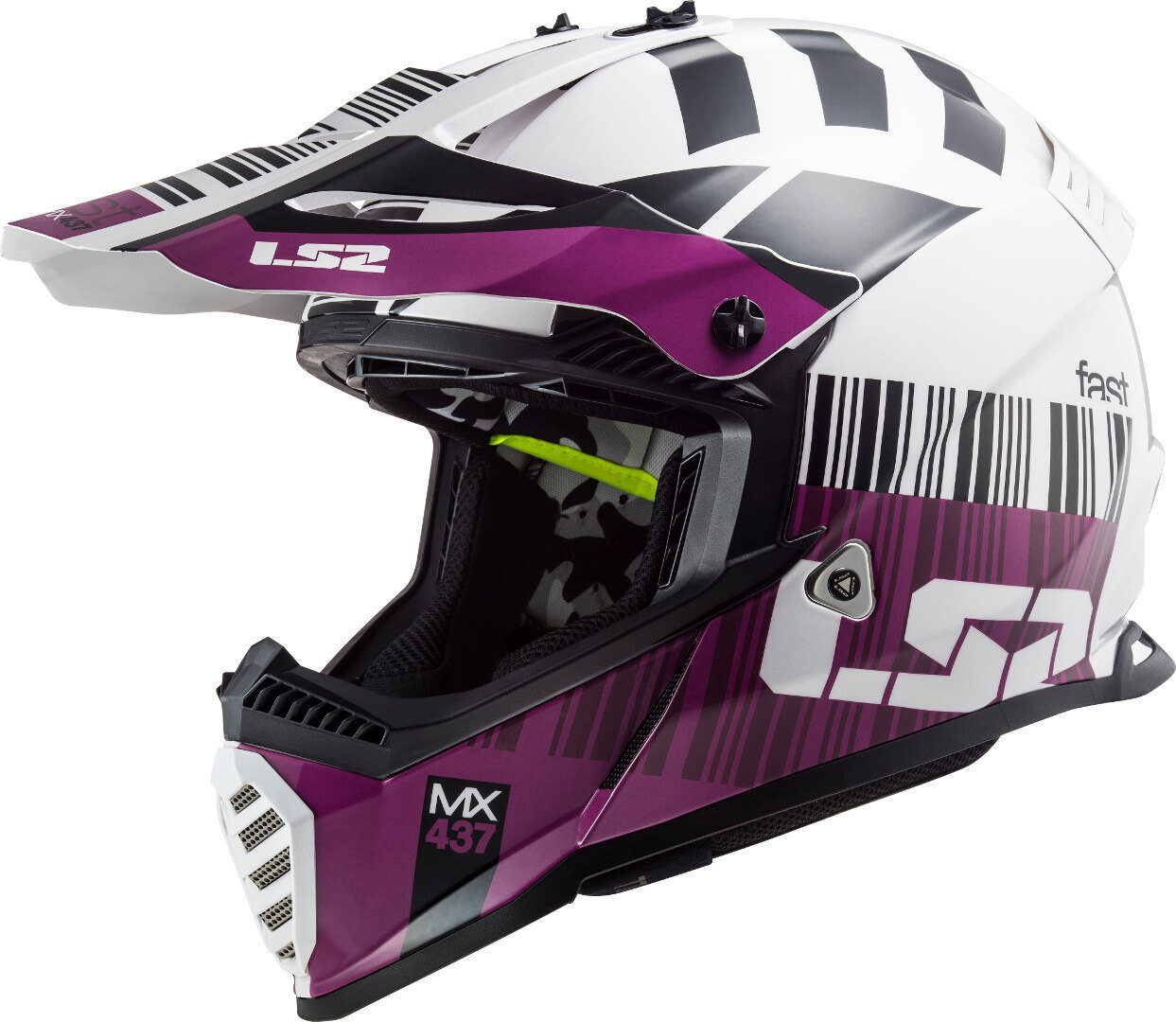 LS2 MX437 Fast Evo XCode Motocross hjelm, hvid-lilla, størrelse 2XS